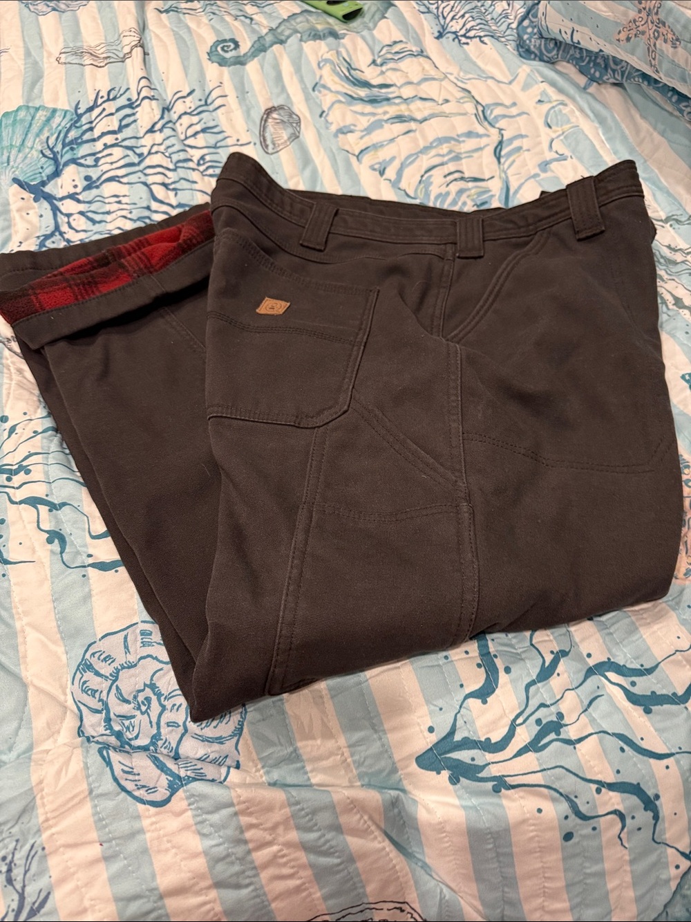 Coleman Men's Dark Brown Cargo Work Pants with Red Plaid Lining